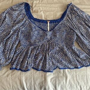 NWOT Free People Brittnee Smocked Blue Floral Peplum Top Size M
